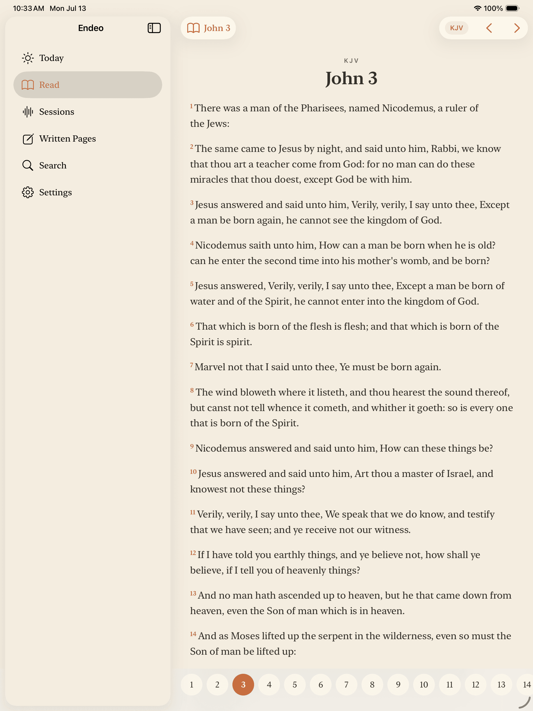 Endeo iPad reader showing John 3 in the KJV, with the sidebar, translation switcher, and chapter picker