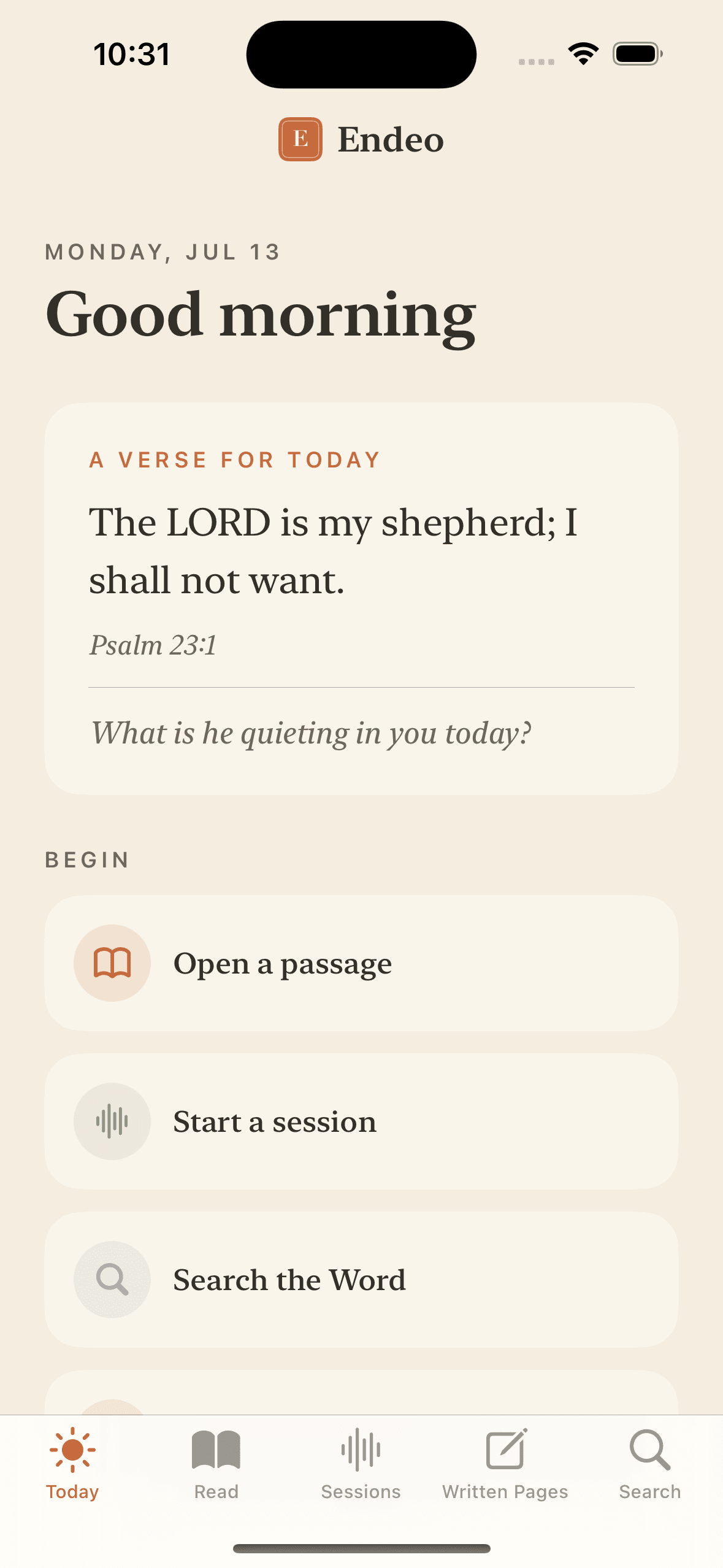 Endeo on iPhone: the Today screen with a verse for today, Psalm 23:1, above quick actions to open a passage or start a session