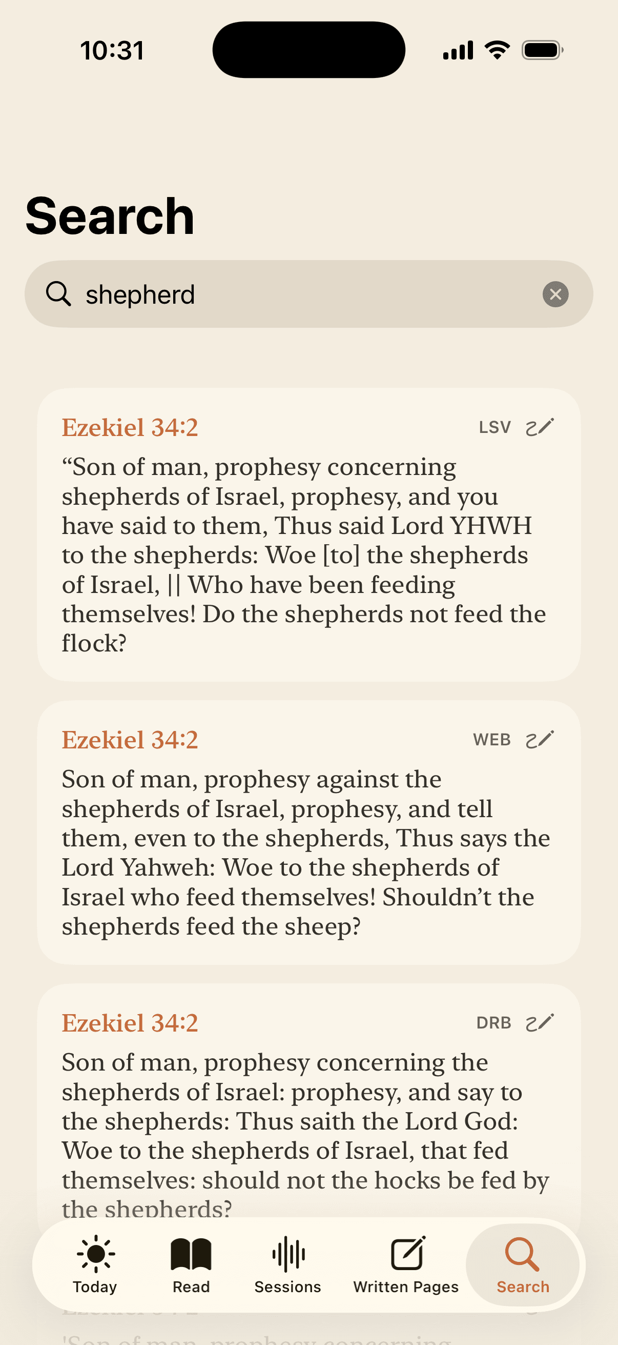 Endeo search on iPhone: results for “shepherd” showing Ezekiel 34:2 side by side in the LSV, WEB, and Douay-Rheims translations